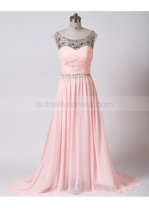 Blush Pink Beaded Chiffon Floor Length Prom Dress